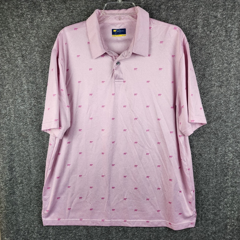 Jack Nicklaus Polo Mens XL Pink Golden Bear All Over Print Golf Shirt EUC